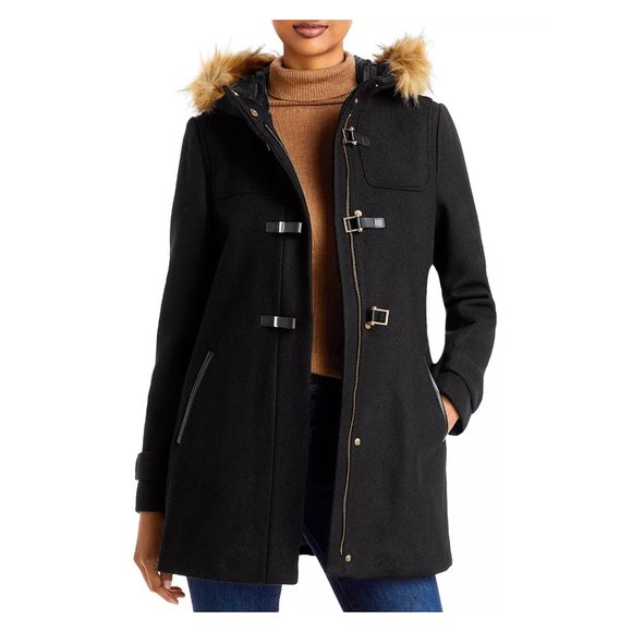 $400 Cole Haan Hooded Faux Fur Trim Duffle Coat WOOL BLEND BLACK WINTER WARM 6
